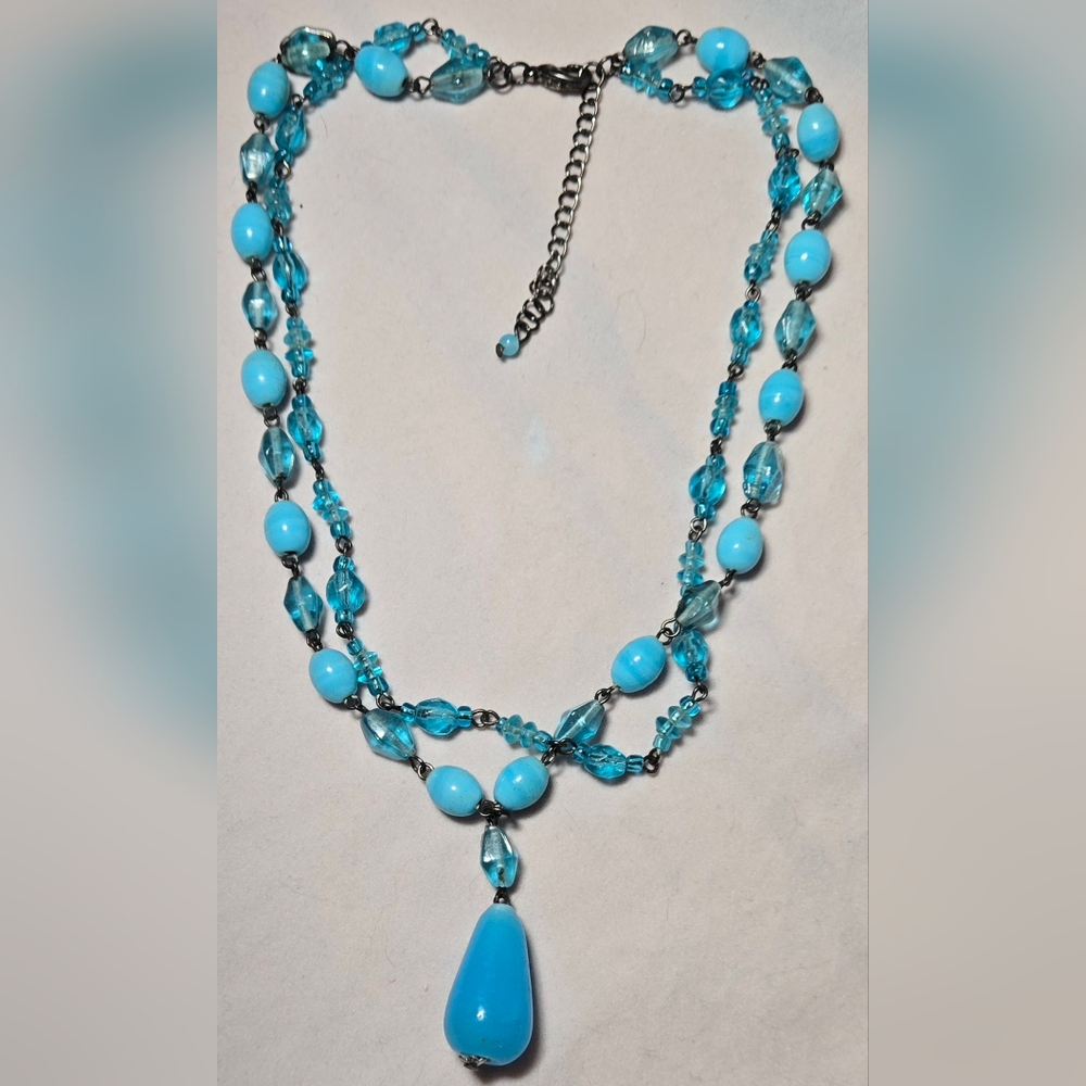 Italian Glass Beaded Wired 2 Strand Necklace with Large Teardrop Pendant